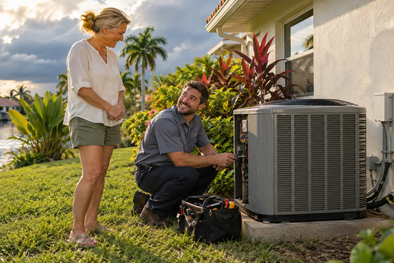 Friendly local AC provider checking an outdoor air conditioning unit at a block home in Clearwater