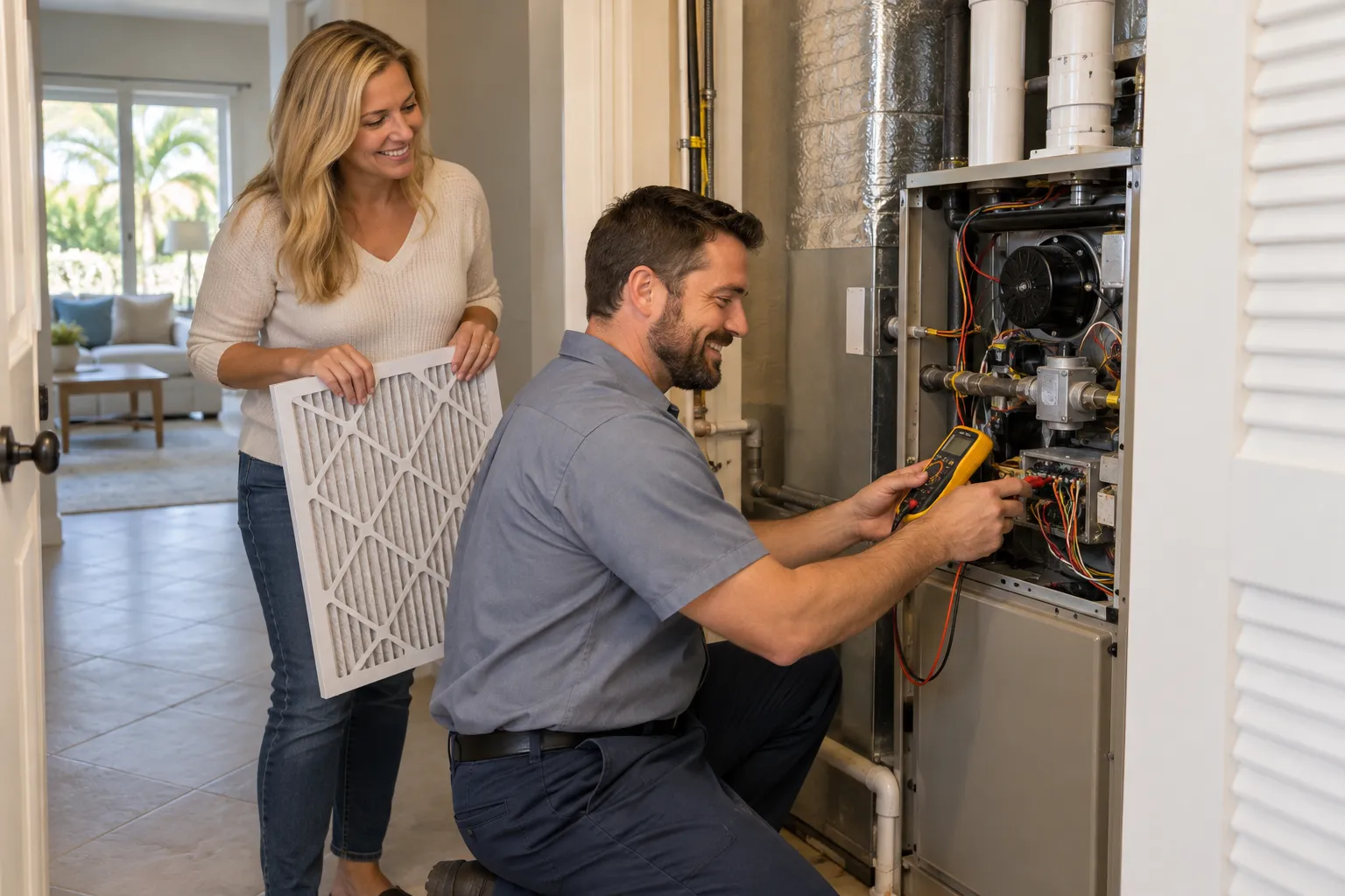 A friendly HVAC provider checking a home furnace in a Clearwater utility closet while a homeowner looks on