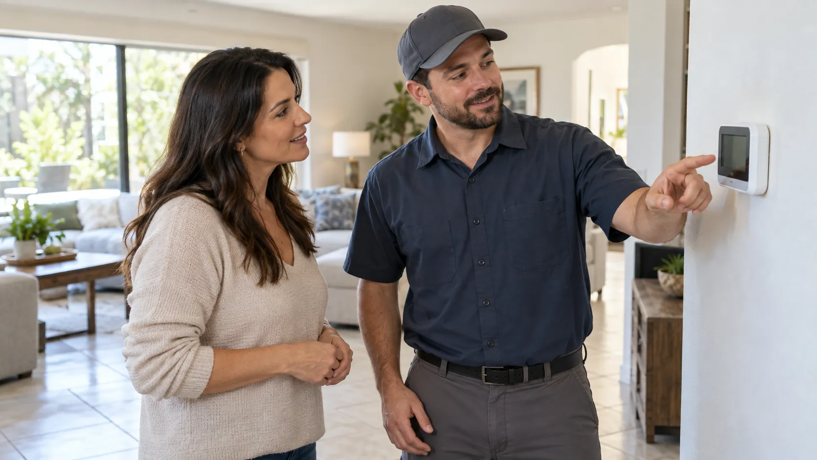 Provider checking a thermostat inside a home in the Clearwater area