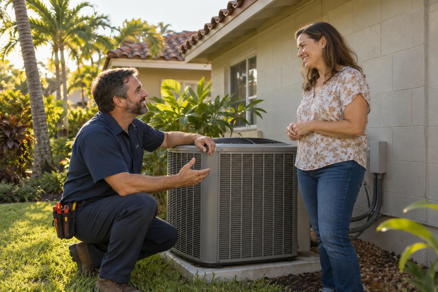 A homeowner talking with an HVAC provider beside an outdoor AC unit in Clearwater